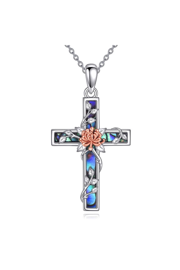 Chrysanthemum Cross Necklace Sterling Silver Flower Cross Pendant Abalone Shell Jewelry Religious Christian Baptism Gifts for Her Women
