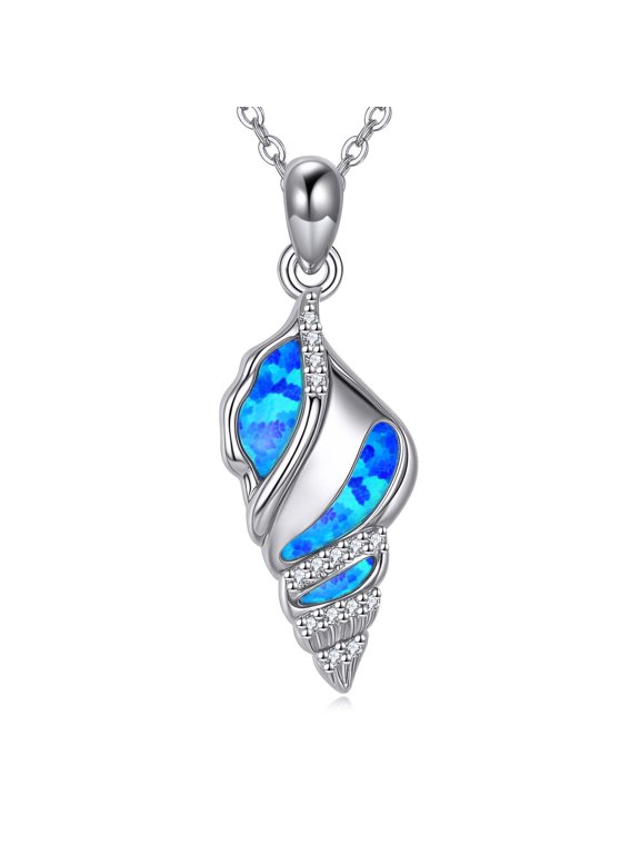 Conch Shell Necklace for Women 925 Sterling Silver Blue Opal Seashell Pendant Ocean Beach Jewelry Gift