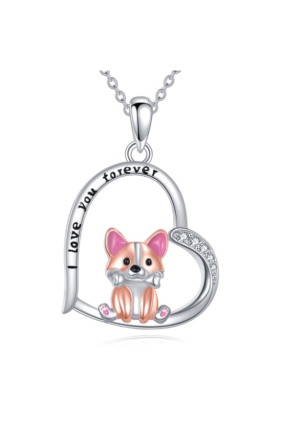 Corgi Dog Necklace for Women 925 Sterling Silver Dog Heart Pendant Necklace Cute Corgi Pendant Puppy Pet Jewelry for Wife Friends Mother Pet Lovers Birthday Gift