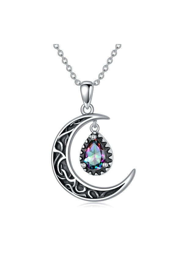 Crescent Moon Necklace Sterling Silver Emerald  /Purple / Black / Rainbow Topaz / Green / Aquamarine / Blue / Moss Agate Celtic Moon Teardrop Necklace Celtic Jewelry Gifts for Women Birthday