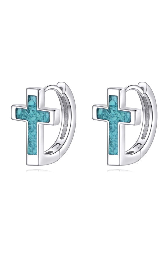 Cross Hoop Earrings for Women 925 Sterling Silver Faith Minimalist Cartilage Tragus Turquoise Huggie Hoops Fashion Jewelry Unisex Hypoallergenic