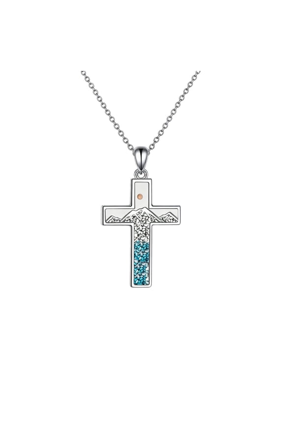 Cross Mountain Necklace Silver Turquoise Cross Necklace Pendant Mustard Seed Pendant Jewelry Gift for Women Men Christian (Mountain Cross-01)