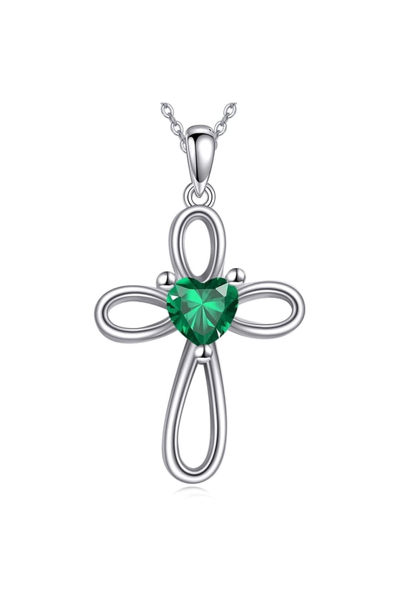 Cross Necklaces 925 Sterling Silver May Emerald Birthstone Heart Cross Pendant Necklace Religious Christian Baptism Jewelry First Communion Day Gifts for Women
