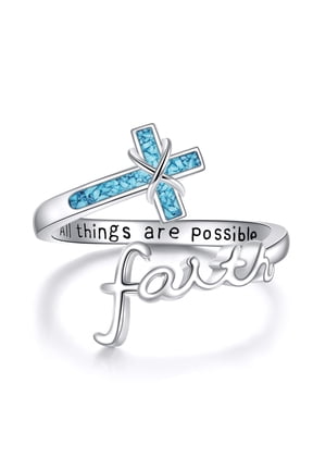 Cross Ring 925 Sterling Silver Turquoise Rings Inspiration Christian Faith Jewelry for Women (7-7.5)