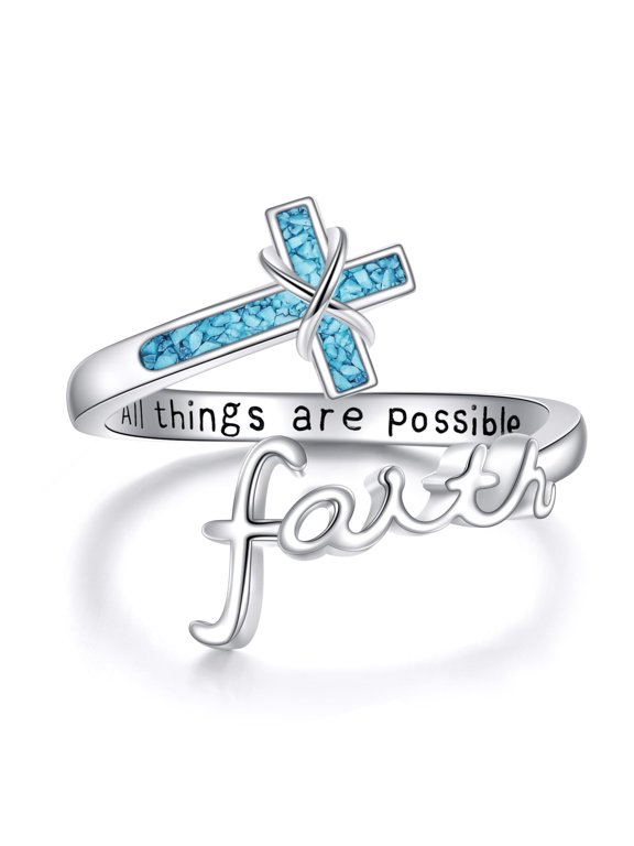 Cross Ring 925 Sterling Silver Turquoise Rings Inspiration Christian Faith Jewelry for Women (7-7.5)