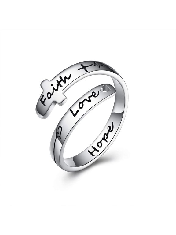 Cross Rings Sterling Silver Faith Adjustable Wrap Rings for Women Inspirational Jewelry Gifts (Hope, 7)