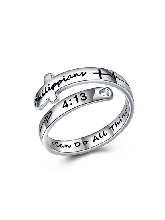 Cross Rings Sterling Silver Faith Adjustable Wrap Rings for Women Inspirational Jewelry Gifts (I can do all things, 7)