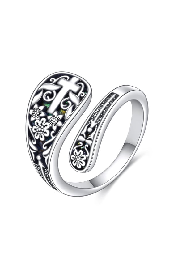Cross Spoon Ring 925 Sterling Silver - Oxidized Vintage Flower Faith Rings Adjustable Size Inspirational Jewelry