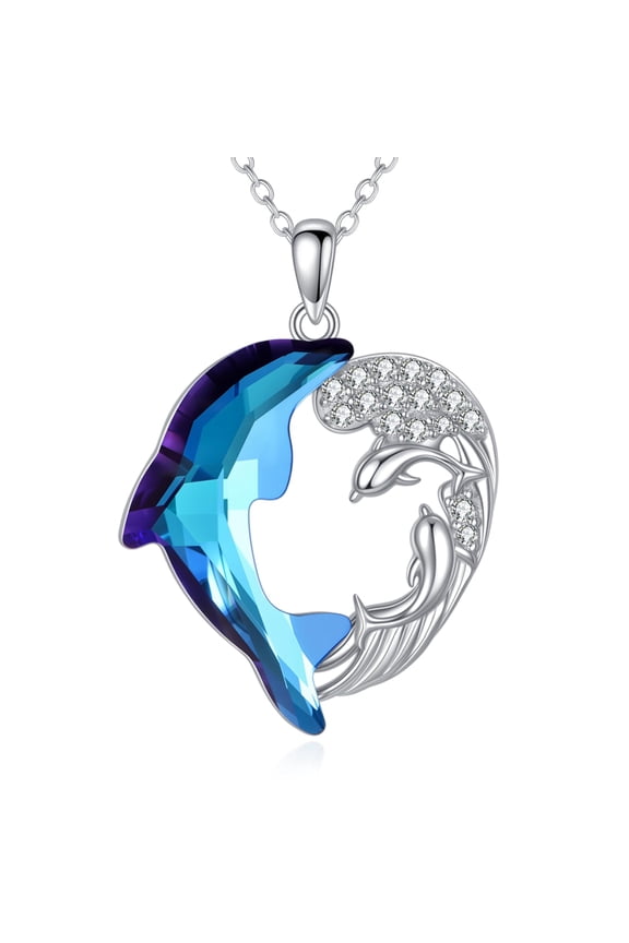 Dolphin Wave Pendant Necklace S925 Sterling Silver Blue Crystal Dolphin Beach Themed Ocean Wave Jewelry for Women or Daughter's Birthday