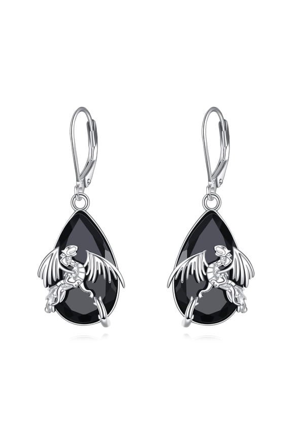 Dragon Earrings Sterling Silver Black Tourmaline Dangle Drop Leverback Earrings Jewelry Spiritual Protection Gifts for Women