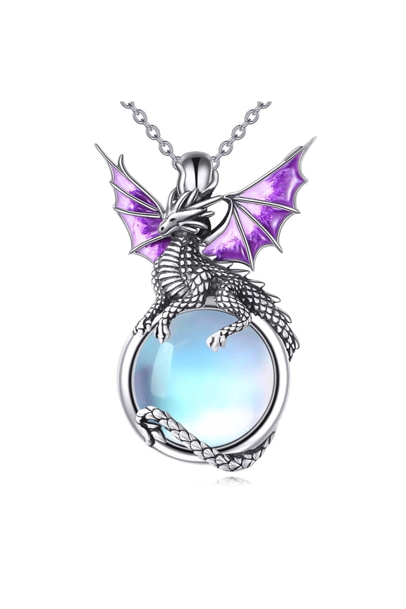 Dragon Necklace Sterling Silver Purple Dragon Pendant Moonstone Animal Jewelry Gifts for Women Men