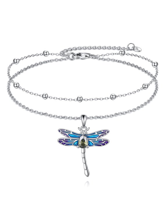 Dragonfly Anklet Bracelet for Women 925 Sterling Silver Adjustable Double Link Chain Ankets Jewelry for Women