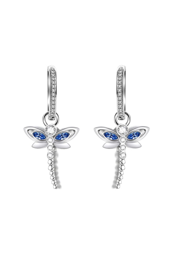 Dragonfly Earrings Sterling Silver Hoop Earrings with Simulated Light Sapphire Crystals from Austria, Adorable Insects in The Garden Series, Hypoallergenic Dragonfly Jewelry Gifts for Women