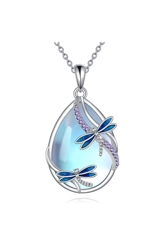 Dragonfly Necklace for Women Sterling Silver February Birthstone Moonstone Pendant Necklace Dragonfly Jewelry Gifts for Women
