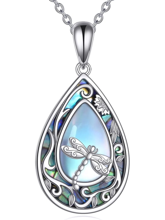 Dragonfly Necklace for Women Sterling Silver Teardrop Moonstone Abalone Shell Pendant Necklace Dragonfly Jewelry Gifts for Women