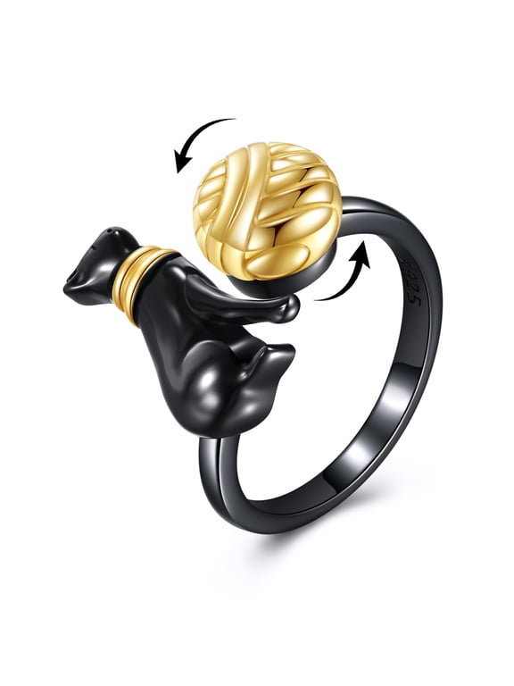 Egyptian Cat 925 Sterling Silver Anxiety Relieve Spinner Ring Black Cat Fidget Open Adjustable Ring Jewelry Gift for Women Men Christmas Birthday