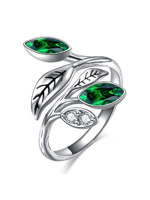 Emerald Green Leaf Ring for Women 925 Sterling Silver Adjustable Leaf Rings Christmas Birthday Gifts