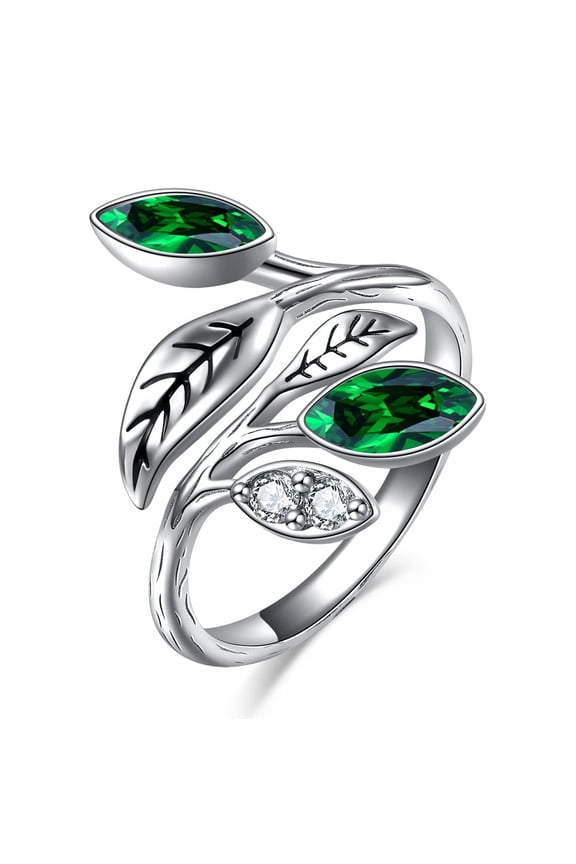 Emerald Green Leaf Ring for Women 925 Sterling Silver Adjustable Leaf Rings Christmas Birthday Gifts