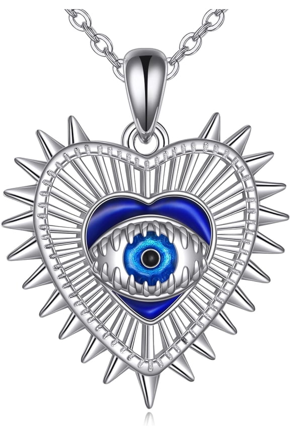 Evil Eye Necklace Sterling Silver Blue Turkish Eye Pendant Necklace Evil Eye Jewelry for Women Spike Heart Evil Eye Amulet Protection Gifts Y2k Gifts for Her