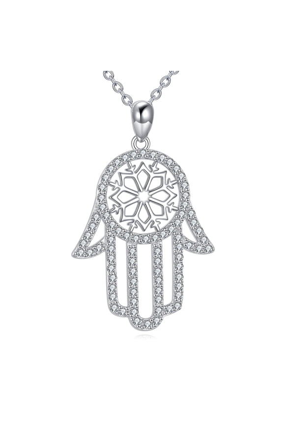 Fatima Hand Necklace for Men Women 925 Sterling Sliver Hamsa Hand Pendant Necklace Snowflake Vintage Amulet Charm Religious Jewelry for Mother Wife Birthday Anniversary Winter Party