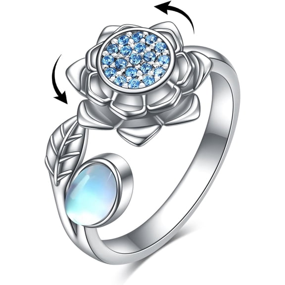 YAFEINI Fidget Anxiety Rings 925 Sterling Silver Moonstone Lotus Adjustable Rings for Anxiety Spinner Ring for Women lotus Flower Stress Relief Rings Lotus Jewelry for Wife Mom