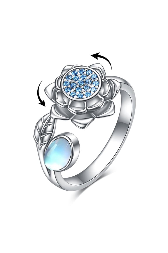 Fidget Anxiety Rings 925 Sterling Silver Moonstone Lotus Adjustable Rings for Anxiety Spinner Ring for Women lotus Flower Stress Relief Rings Lotus Jewelry for Wife Mom
