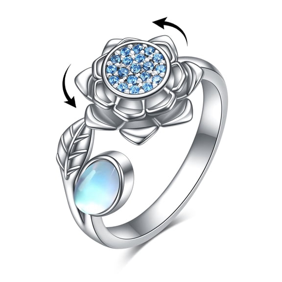 YAFEINI Fidget Anxiety Rings 925 Sterling Silver Moonstone Lotus Adjustable Rings for Anxiety Spinner Ring for Women lotus Flower Stress Relief Rings Lotus Jewelry for Wife Mom