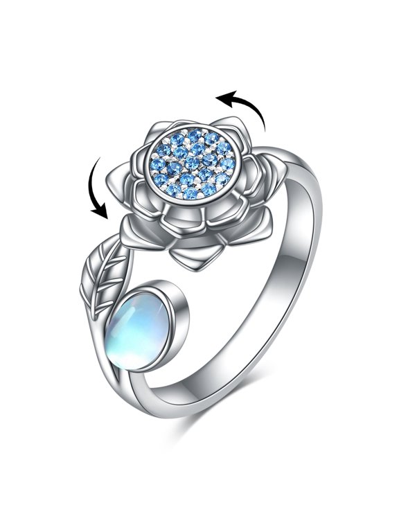 Fidget Anxiety Rings 925 Sterling Silver Moonstone Lotus Adjustable Rings for Anxiety Spinner Ring for Women lotus Flower Stress Relief Rings Lotus Jewelry for Wife Mom