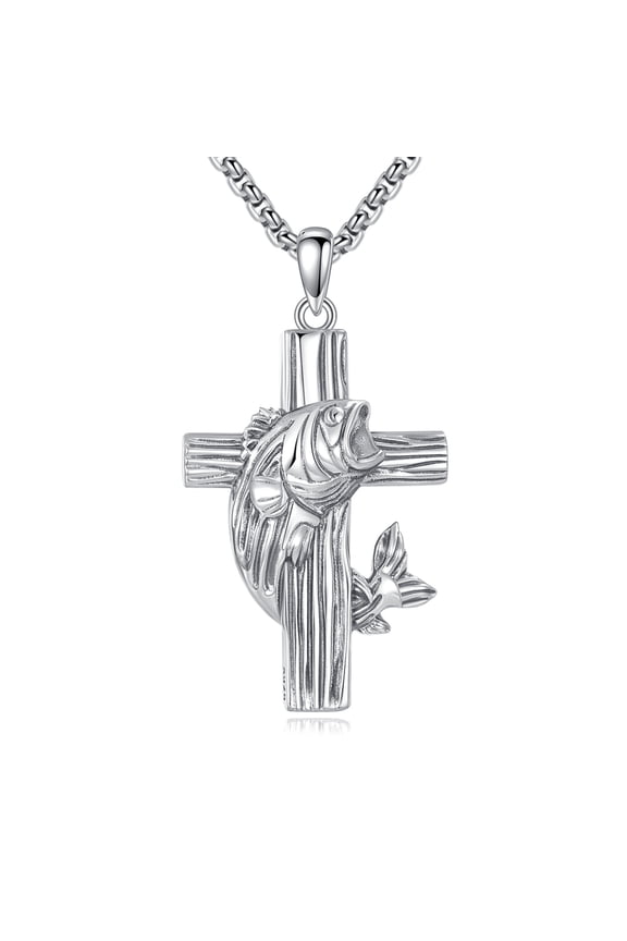 Fish Cross Necklace Sterling Silver Fish Cross Pendant Religious Jewelry Gift for Men Women