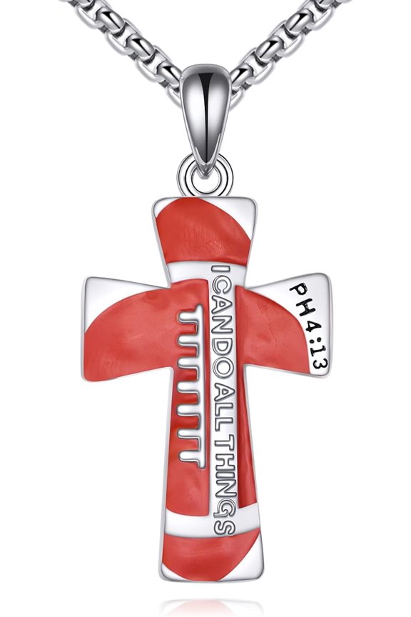 Football Cross Necklace for Men 925 Sterling Silver Football Pendant Bible Verse I CAN DO All Things Sport Pendant for Men with Stainless Steel Chain 18+2"