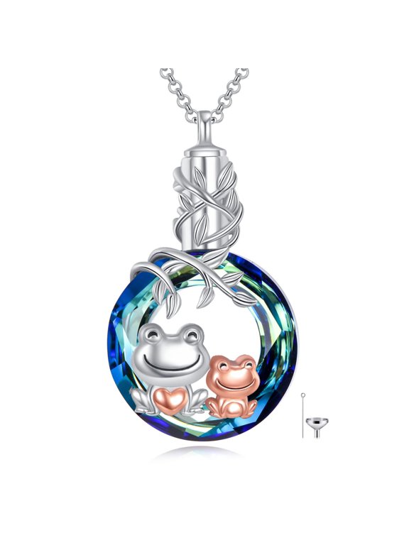 Frog Urn Necklace for Ashes for Women Sterling Silver Two Frogs Cremation Necklace with Blue Circle Crystal Jewelry for Mom