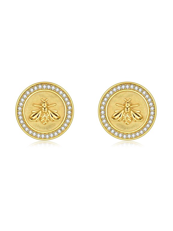 Gold Plated Bee Stud Earrings for Women Sterling Silver Cute Bumble Bee Animal Earrings Small Disc Circle Earrings Hypoallergenic Bee Jewelry Gifts
