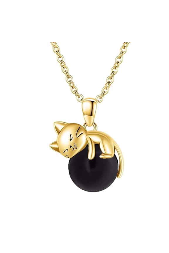 Gold Plated Cat Necklace Sterling Silver Black Onyx Pendant Cat Jewelry Gift for Women