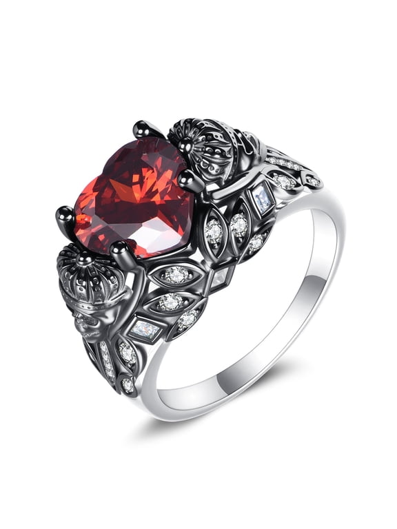Goth Rings Gothic for Women 925 Sterling Silver Black Heart Ruby Skull Ring Moissanite Wedding Promise Anniversary Romantic Jewelry #8
