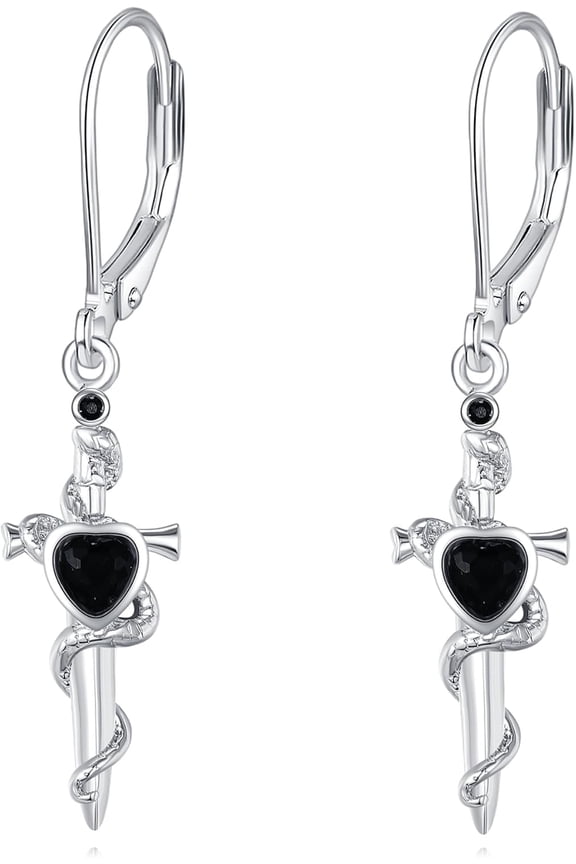 Gothic Serpent Sword Drop Earrings 925 Sterling Silver Dagger Wrapped Snake Heart Black Gem Statement Jewelry Edgy Gift For Women