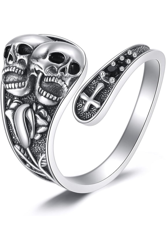 Gothic Skulls Ring for Women Sterling Silver Edgy Punk Skeleton Band Adjustable Open Ring 7-9 Inches Dark Academia Jewelry Unique Gothic Gift for Halloween, Birthday, or Alternative Fashion