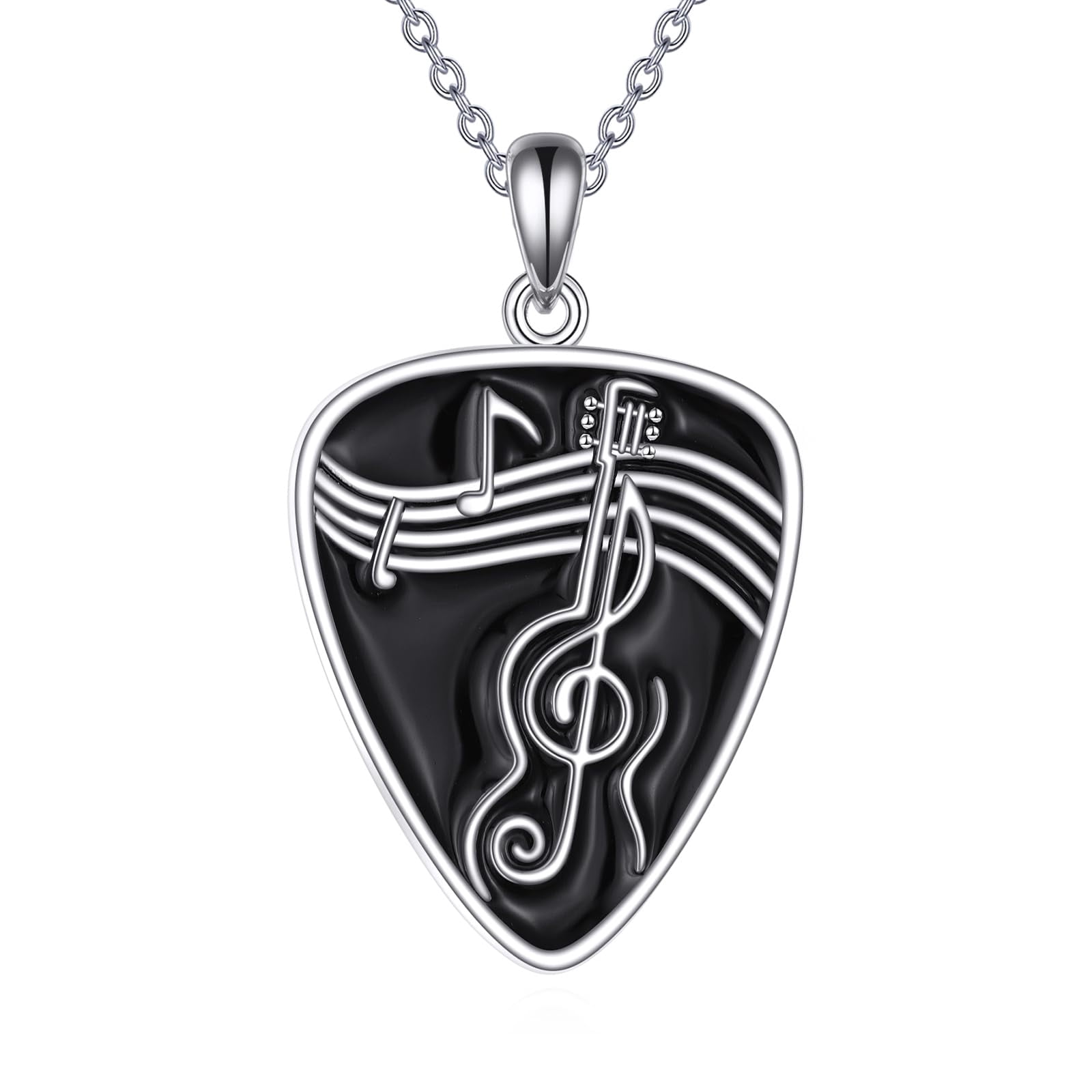 YAFEINI Guitar Pick Necklace 925 Sterling Silver Guitar Pick Holder Pendant Necklace Guitar with Music Note Pendant Jewelry for Women Men Music Lover