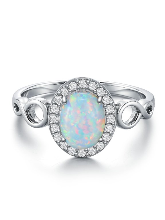 Halo Opal Ring 925 Sterling Silver White Opal Ring Oval Opal Engagement Halo Ring Jewelry Valentine's Day Mother's Day Gift for Women (Ring Size 7)