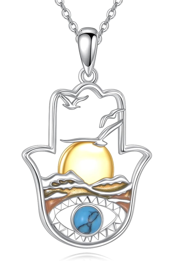 Hamsa Evil Eye Necklace Sterling Silver Sun/Moon Jewelry Ocean Wave Pendant Gifts For Women