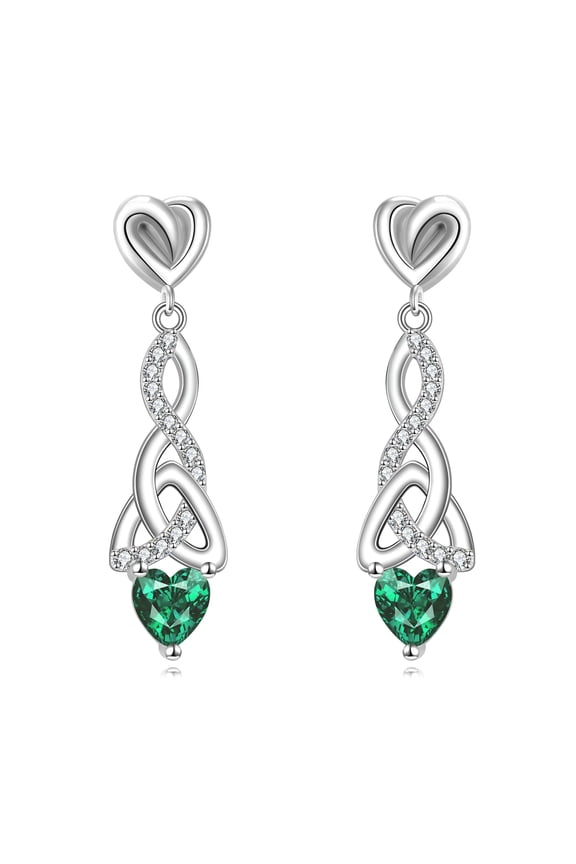 Heart Earring 925 Sterling Silver Celtic Good Luck Knot Dangle Dorp Emerald Green Birthstone Jewelry For Women Wife Gift