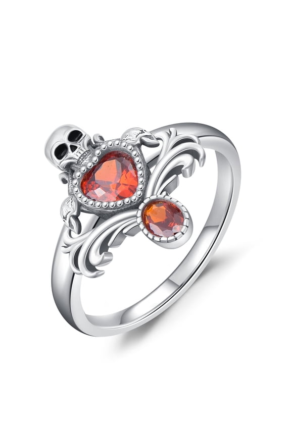 Heart Skull Ring for Women 925 Sterling Silver Heart Skull Ring Red Crystal Ring Bnad Jewelry Mother's Day Ring Gifts for Wife Girlfriends(Ring Size 8)