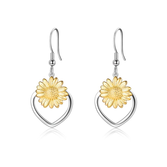 YAFEINI Heart Sunflower Jewelry 925 Sterling Silver Heart Sunflower Dangle Drop Earrings for Women (3-heart sunflower gold)