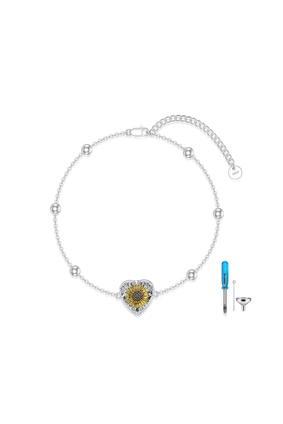 Heart Urn Bracelet for Ashes 925 Sterling Silver Cremation Holds Loved One's Ashes for Women Memorial Keepsake Beangle Embellished with Crystals from Austria (Sunflower)