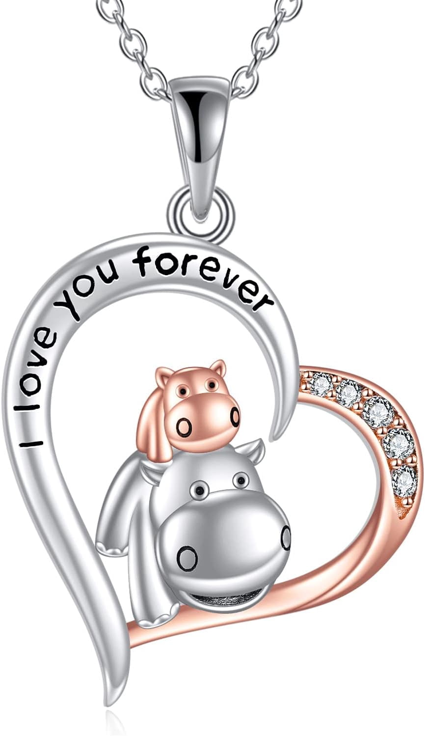 YAFEINI Hippo Necklace for Women Sterling Silver Hippopotamus Animal Necklace I Love You Forever Heart Pendant Hippo Jewelry Christmas Birthday Gifts