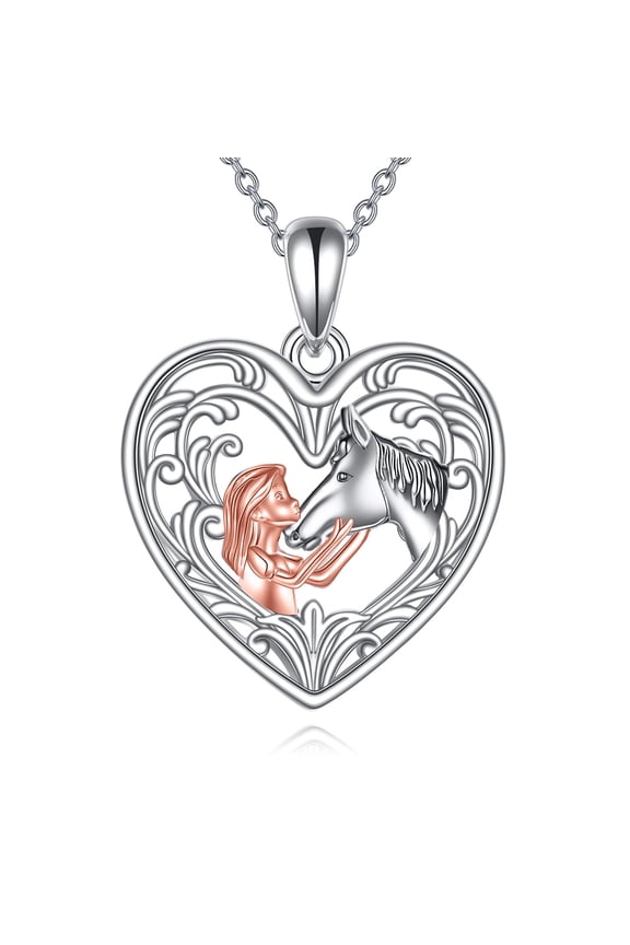 Horse Necklace, Sterling Silver S925 Heart Shaped Horse Jewelry, Two-Tone Rose Gold and Silver, Filigree Design (Silver-Heart Jewelry)