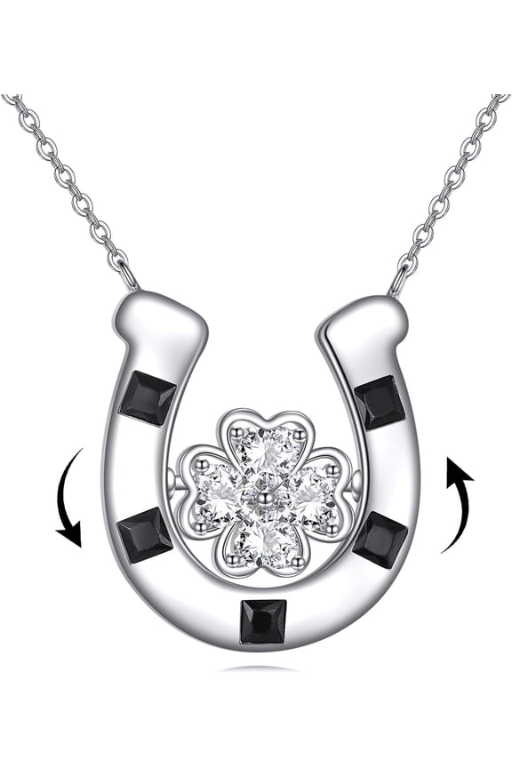 Horseshoe 925 Sterling Silver Spinner Necklace Four Leaf Clover Fidget Pendant Jewelry Gift for Women Birthday Christmas