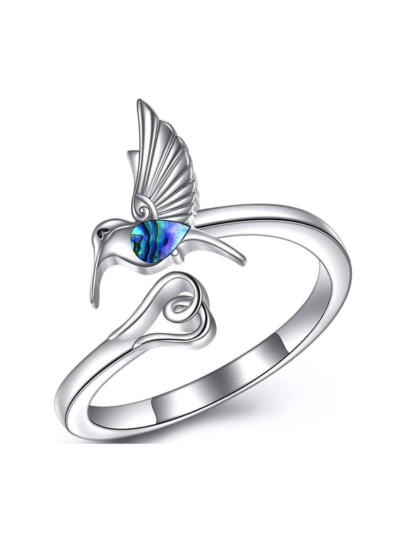 Hummingbird 925 Sterling Silver Ring for Women, Delicate Small Stacking Ring, Abalone Shell Jewelry Gifts for Mothers Day
