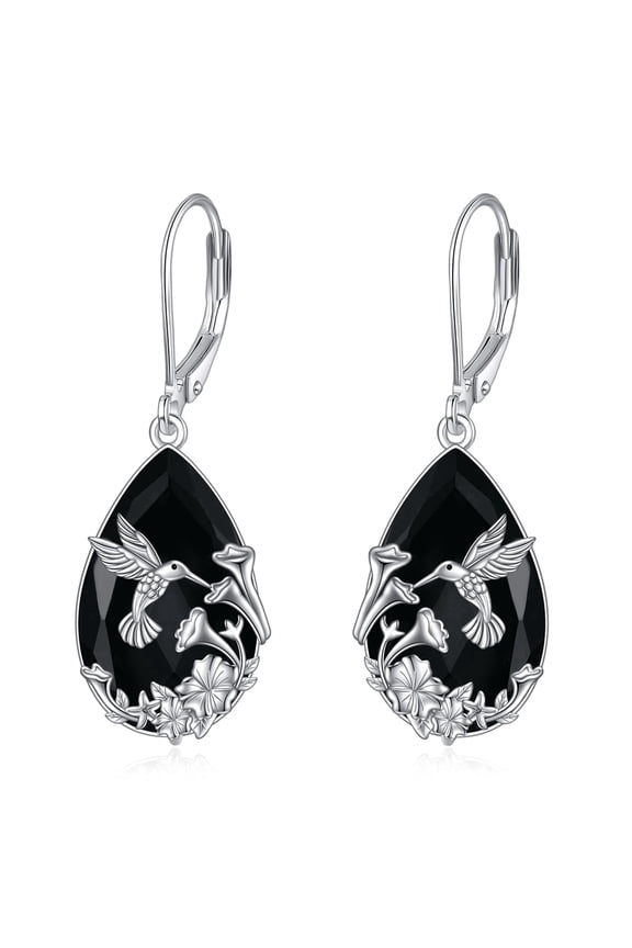 Hummingbird Earrings Sterling Silver Black Tourmaline Dangle Drop Earrings Crystal Healing Jewelry Spiritual Protection Gifts for Women