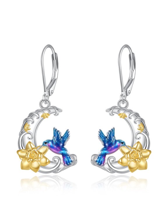 Hummingbird Earrings for Women 925 Sterling Silver Purple Hummingbird Drop Dangle Earrings Cute Bird Flower Jewelry Gifts for Women Family and Friends