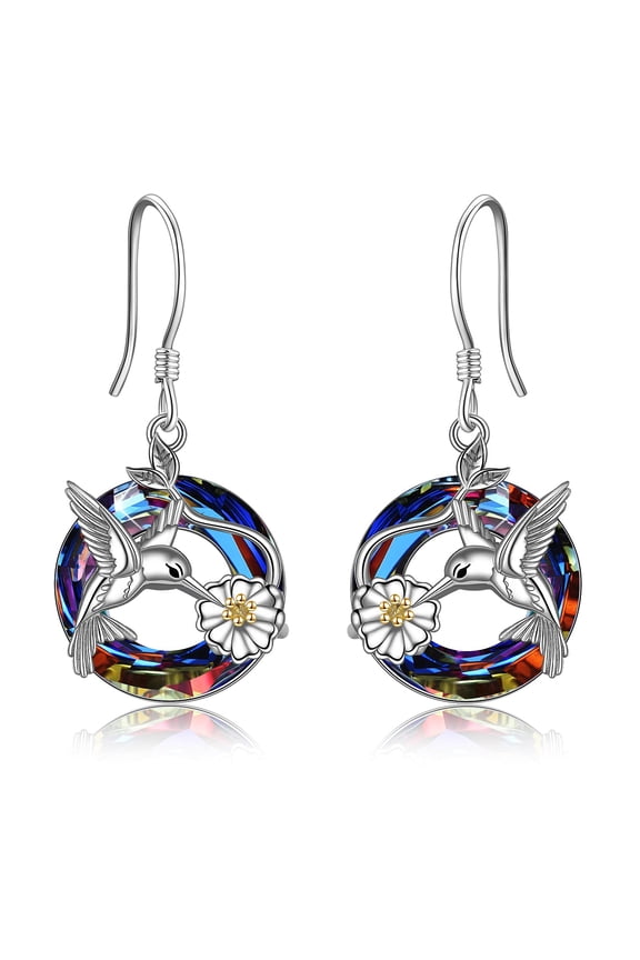 Hummingbird Earrings for Women Sterling Silver Hummingbird Bird Daisy Flower Dangle Drop Earrings with Volcano Circle Crystal Gifts(volcano)